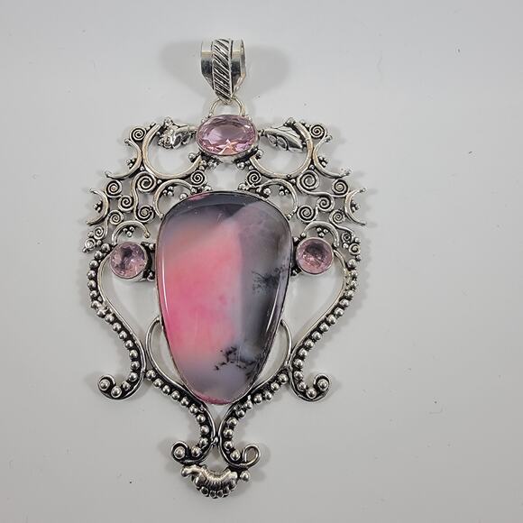 Handmade Silver Pendant – Rhodonite & Rose Quartz + 20" Silver Snake Chain - Picture 2 of 10